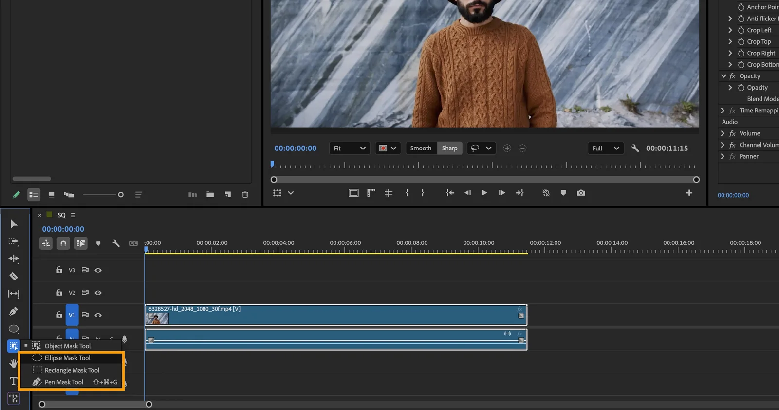 Premiere Pro toolbar with the Ellipse, Rectangle, and Pen mask tools highlighted, excluding Object Mask