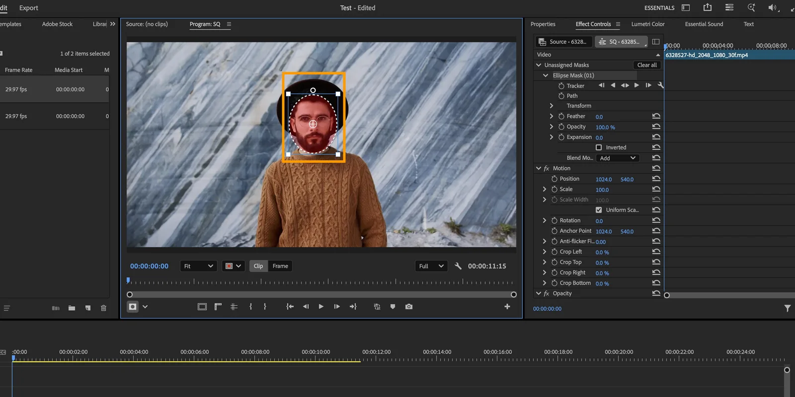 Premiere Pro screen with an Ellipse Mask around a face highlighted in the Program Monitor