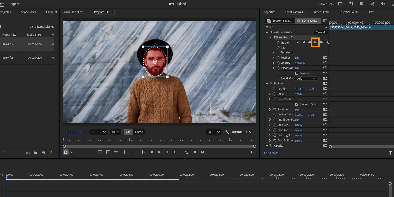 Premiere Pro Effect Controls panel with Track selected mask forward highlighted