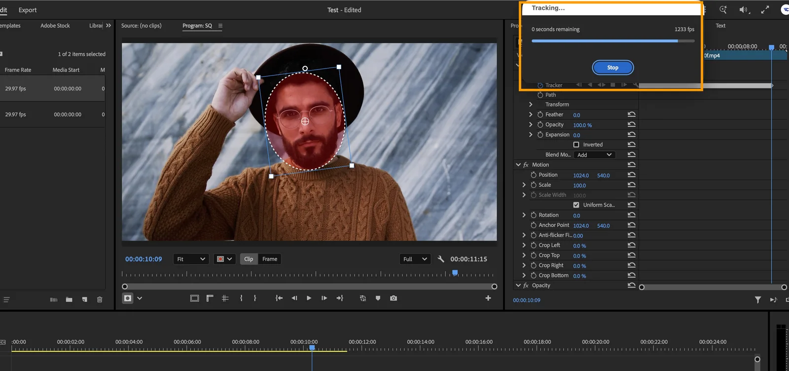Premiere Pro tracking a face mask with analysis progress displayed