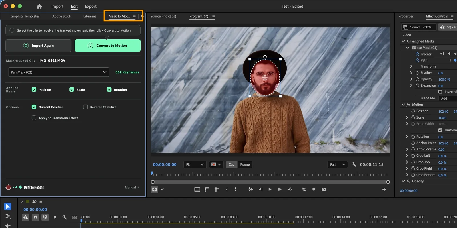 Mask To Motion plugin panel open in Premiere Pro