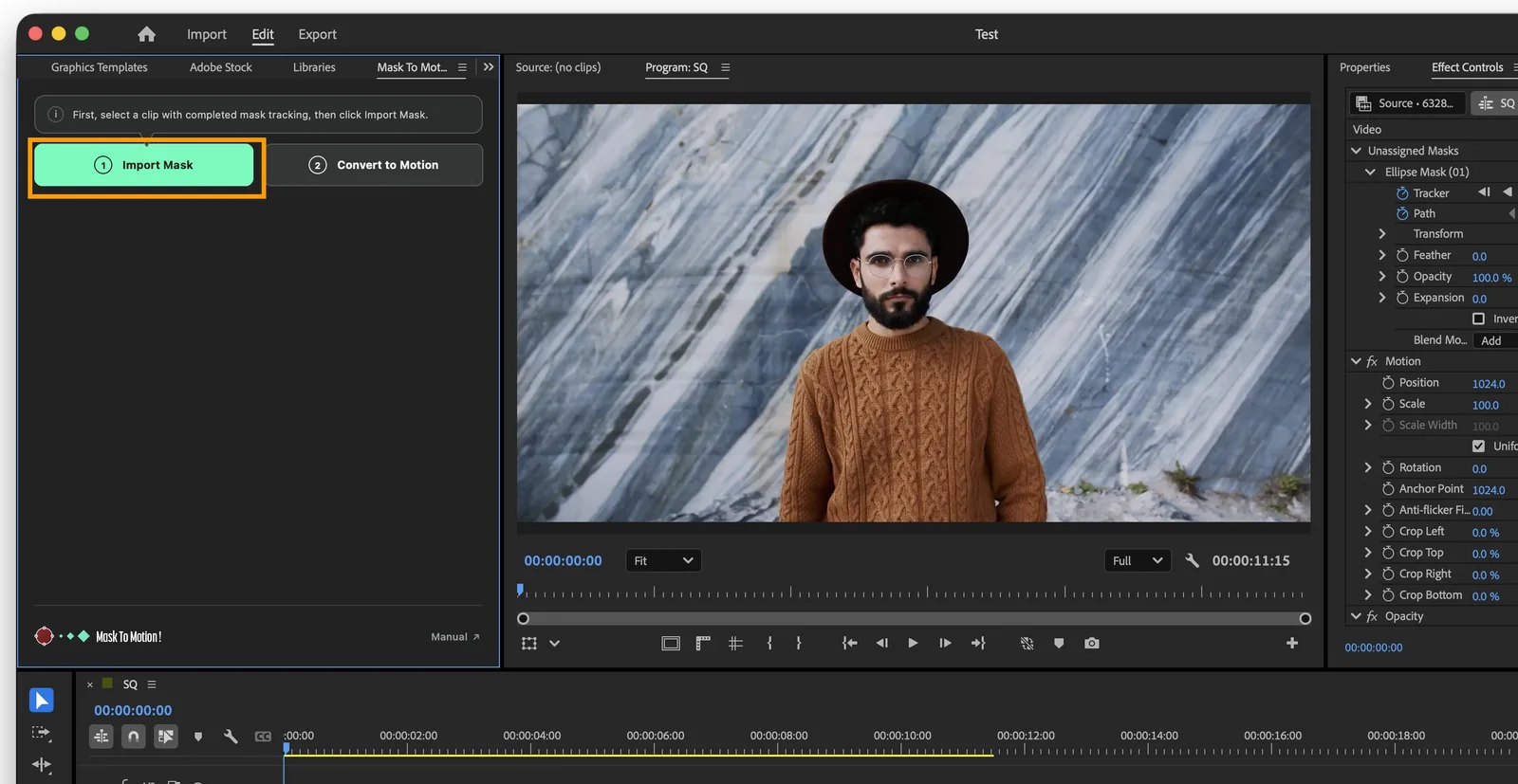 Mask To Motion panel with the Import Mask button highlighted