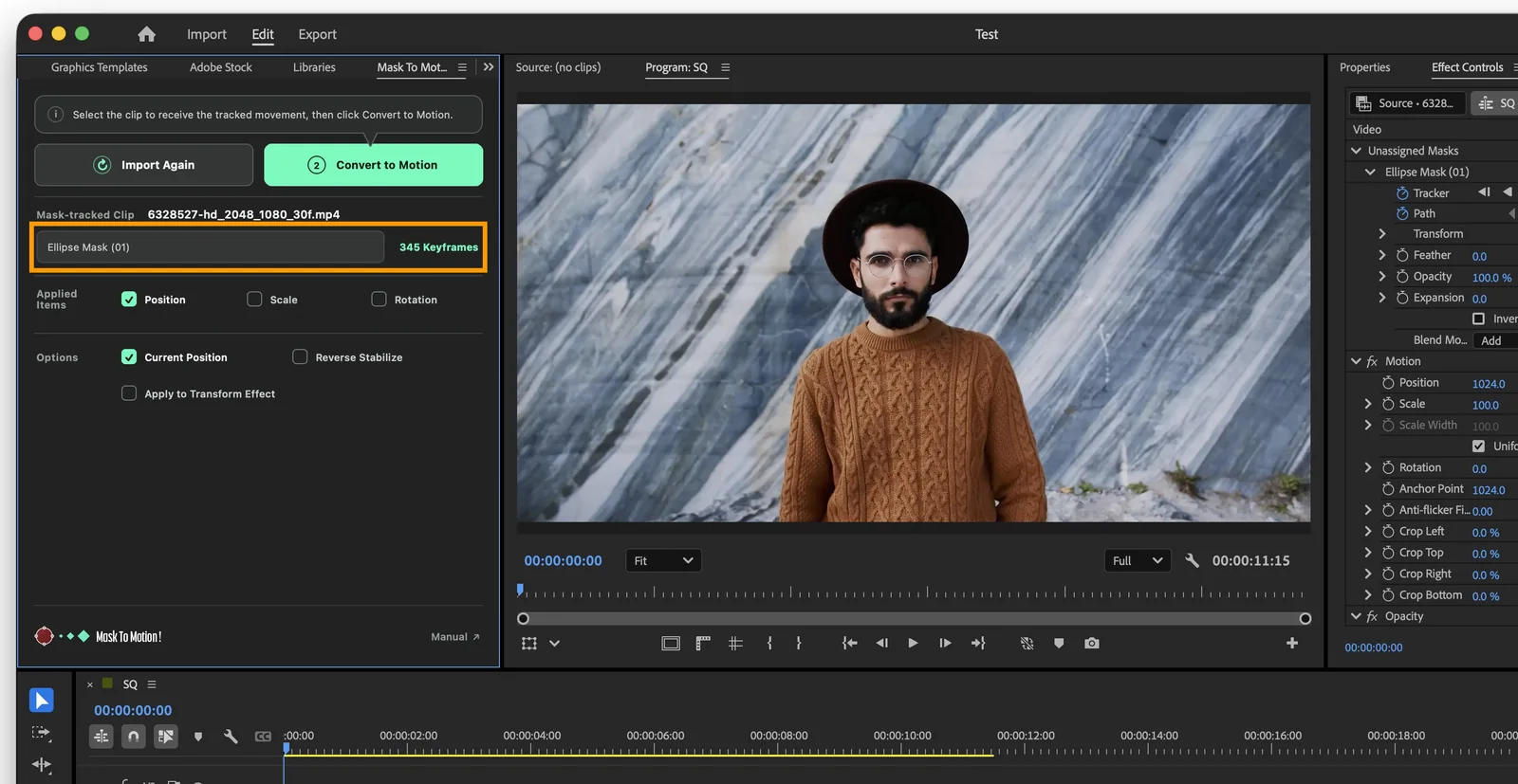 Mask To Motion panel with the imported mask name and keyframe count highlighted