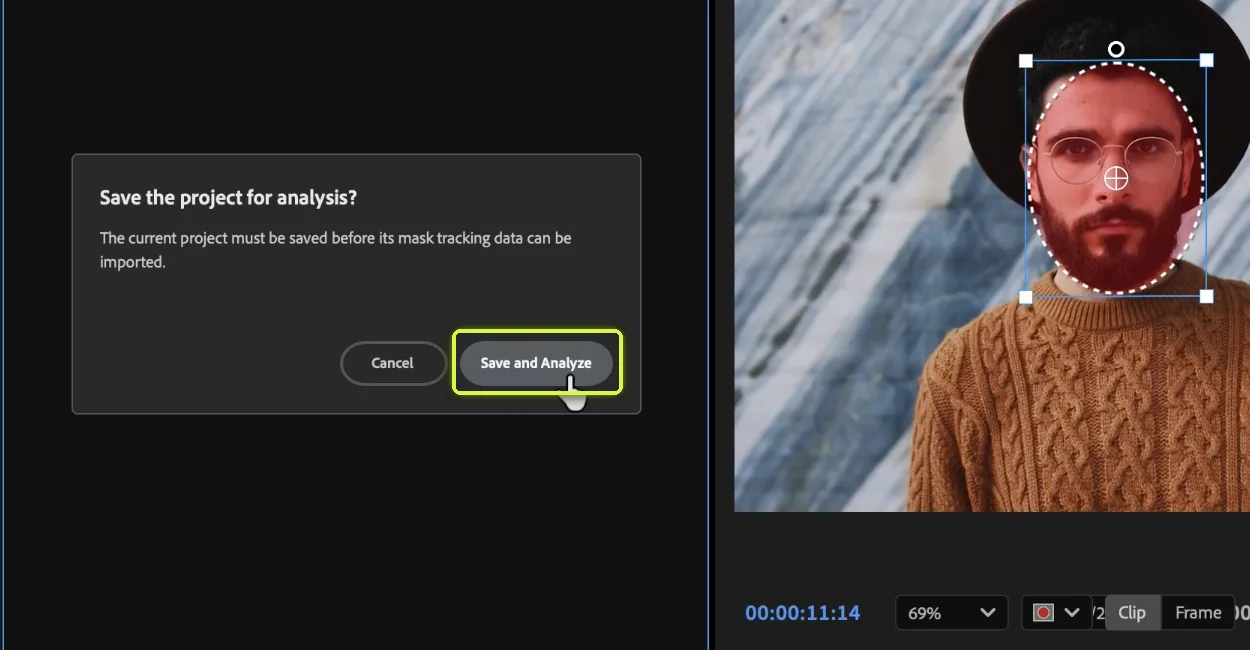 Mask To Motion screen with the Save and Analyze button highlighted in the project save prompt