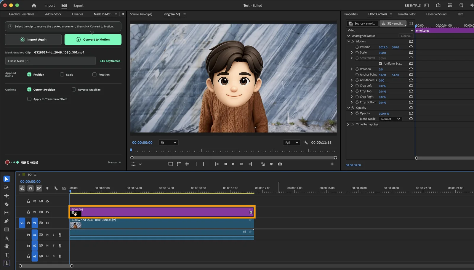 Premiere Pro Timeline with a graphic clip placed above the tracked video