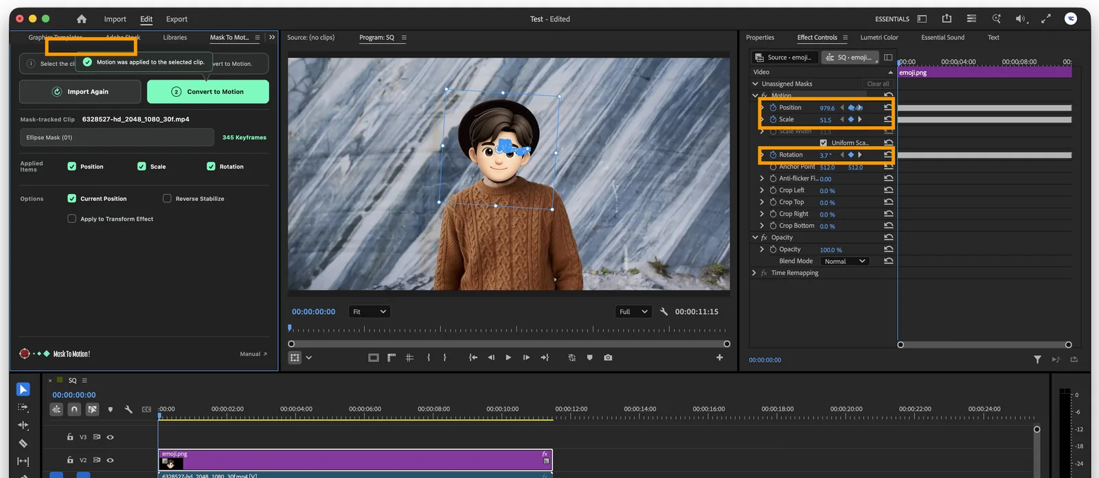 Premiere Pro screen highlighting the Mask To Motion completion message and Position, Scale, and Rotation keyframes
